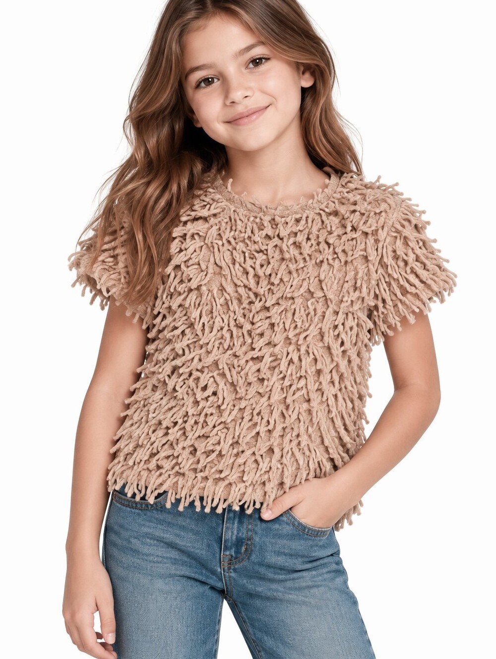 Zara Kids Girls Size 10 Blush Pink Shaggy Faux Fur Short Sleeve Top